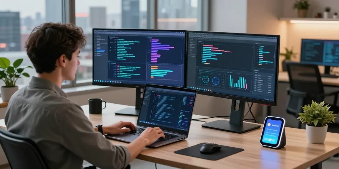 Professional workspace showcasing an AI laptop utilized in a tech-driven environment with algorithms on display.