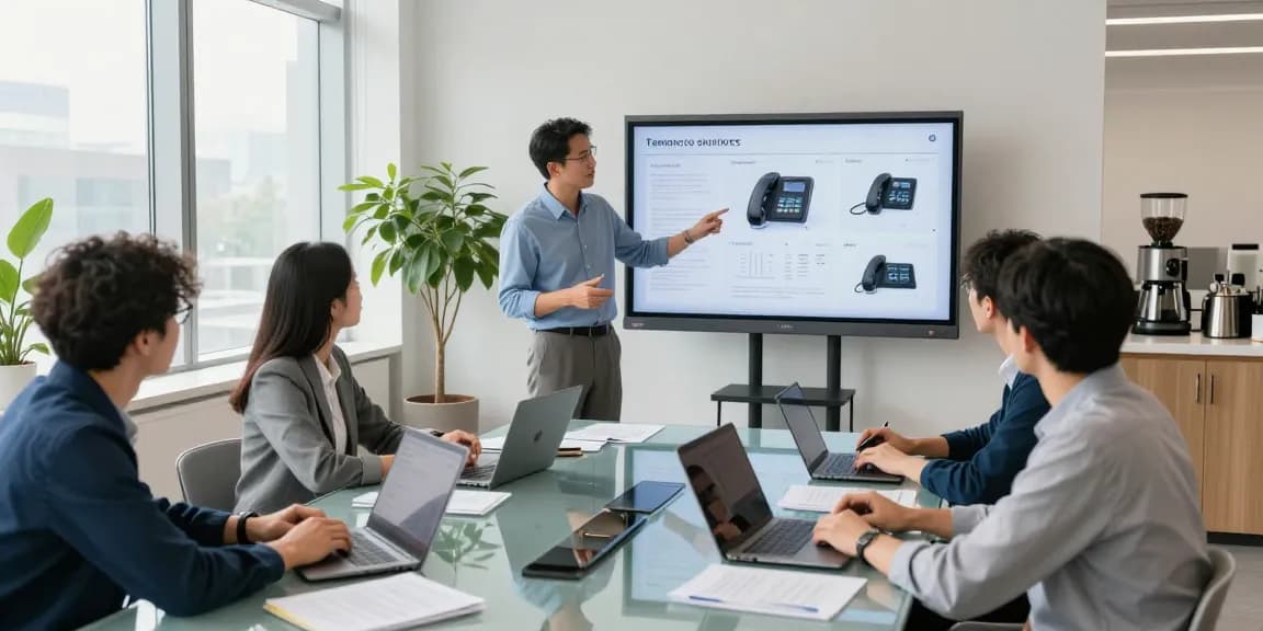 Team exploring telephone systems solutions in a modern office setting, showcasing collaboration and innovation.