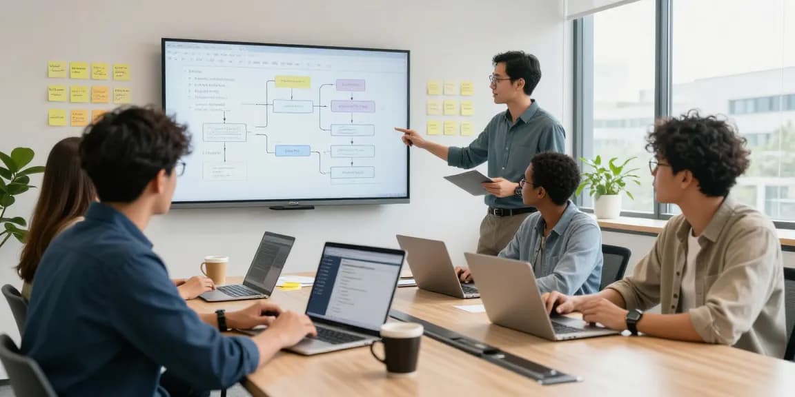 Team collaborating to build internal tools with AI in a modern office.