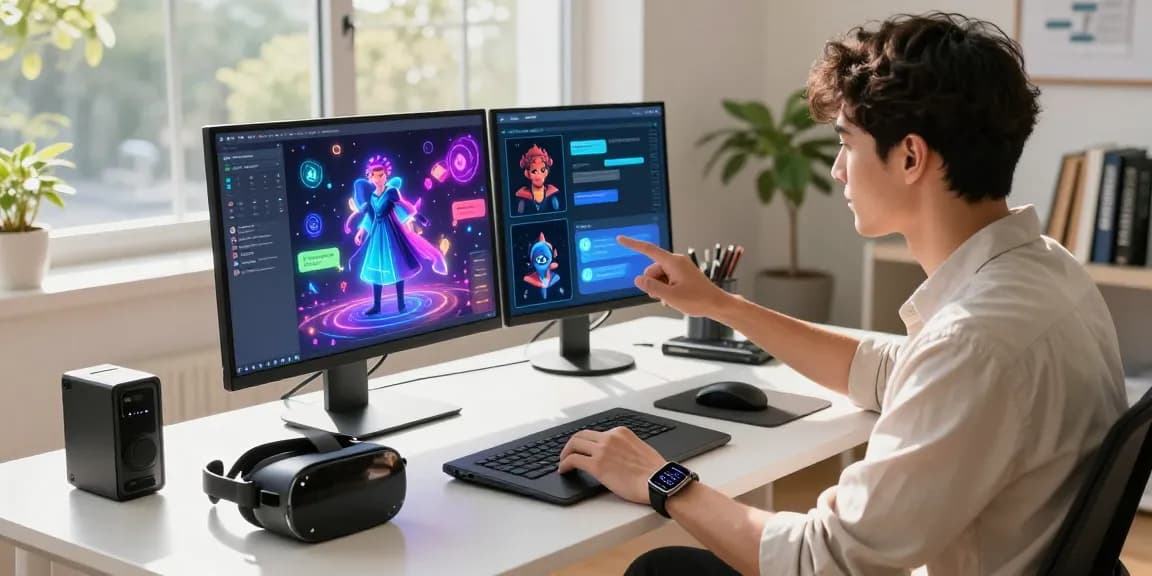 AI developer showcasing innovative juicy ai character designs in a bright workspace