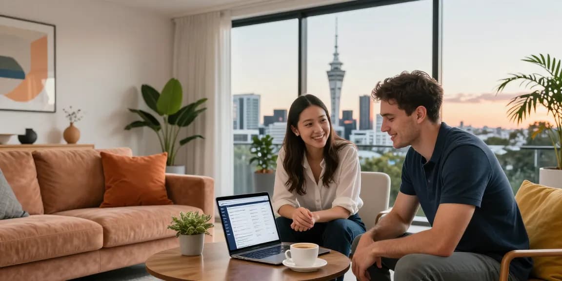 Help managing an Airbnb in Auckland with expert property managers Ron and Sam collaborating in a stylish living room.