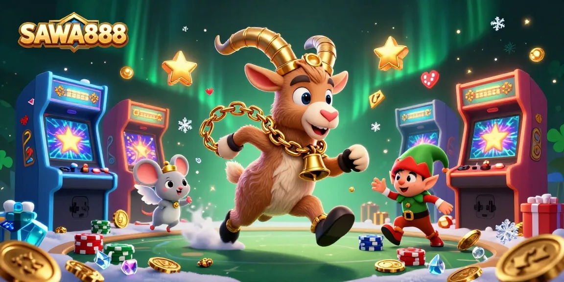 Experience SAWA888's thrilling casino excitement with festive characters and engaging gaming elements.