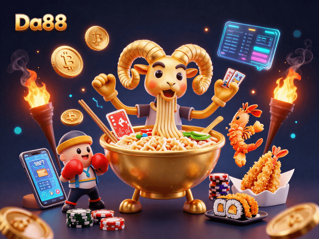 Join the action in Da88's vibrant casino scene showcasing crypto elements and dynamic characters.
