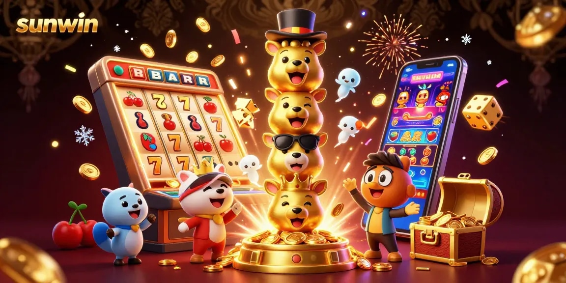 Experience casino excitement with sunwin's vibrant 3D totem pole and jackpot explosion illustration.