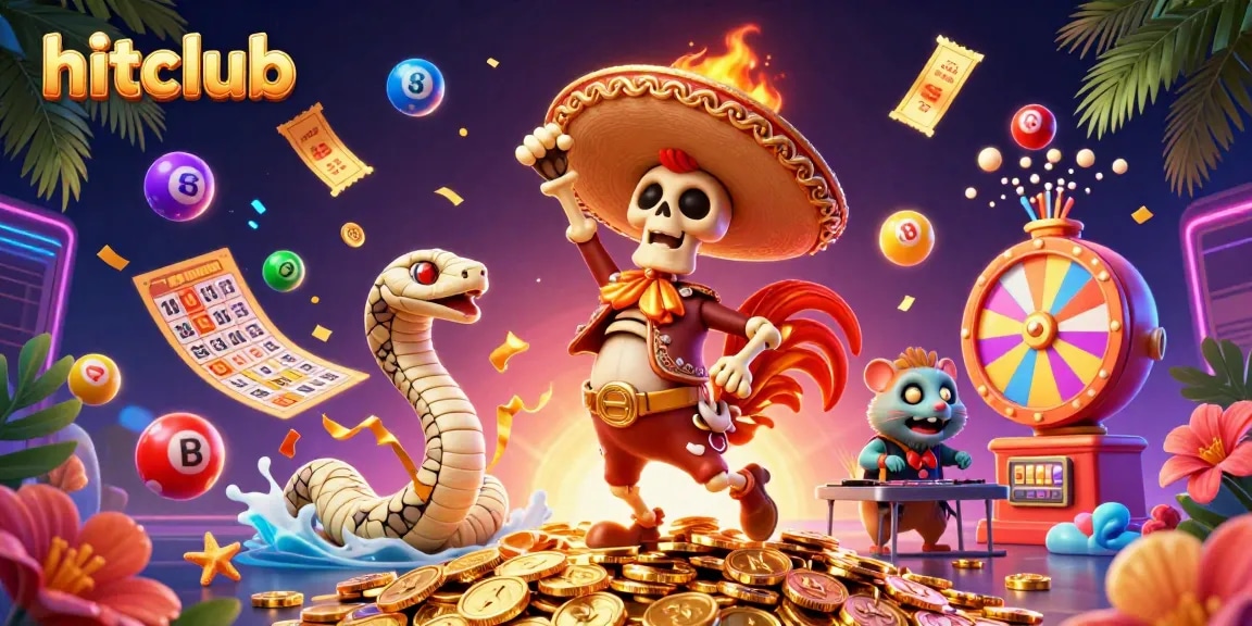 Experience hitclub's vibrant lottery scene with a dancing mariachi rooster and dynamic game elements.