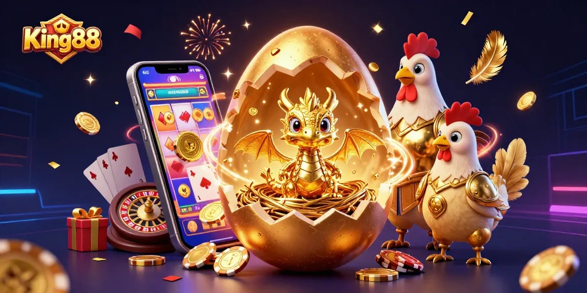 King88 offers thrilling gaming experiences as a golden dragon emerges from a treasure nest of poker chips.