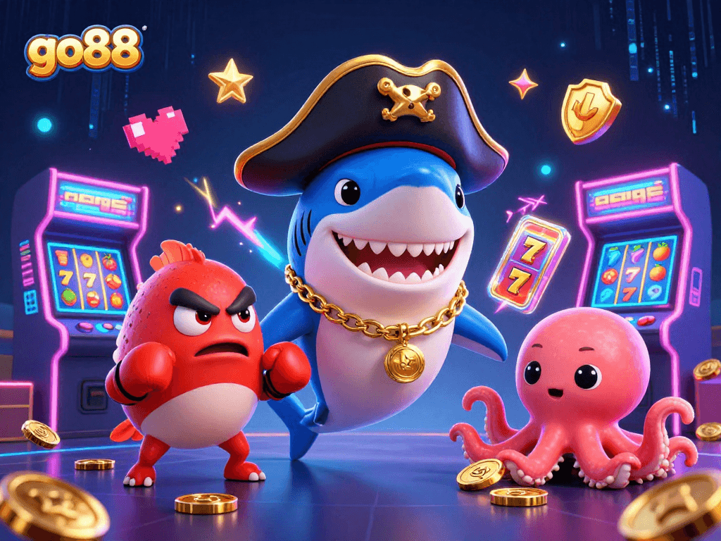 Engage with go88's vibrant casino scene featuring lively characters and immersive gaming elements.