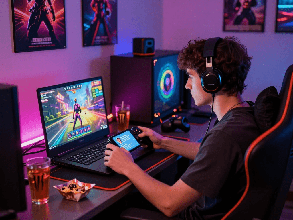 Engaging player enjoying sex games on a laptop amidst vibrant gaming decor.