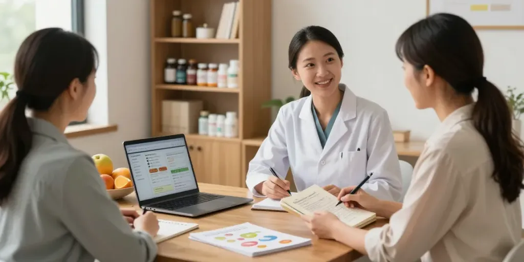 Functional Nutrition Surrey consultation with nutritionist and client discussing wellness plans.