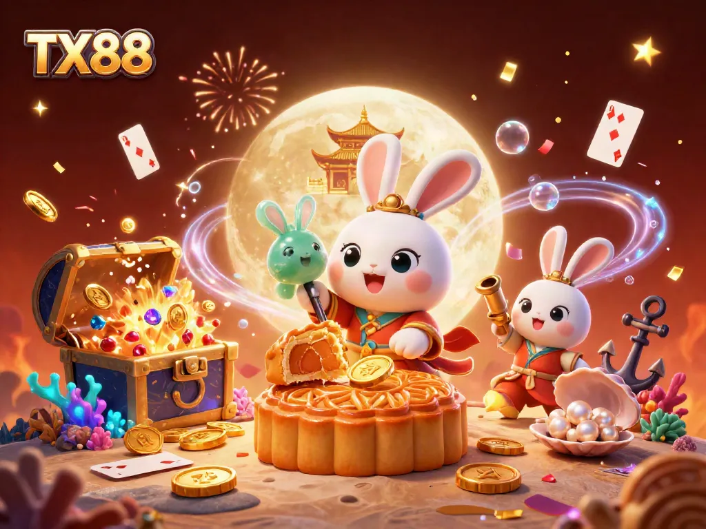 Experience the excitement of TX88 with lively casino elements and enchanting moon rabbits.