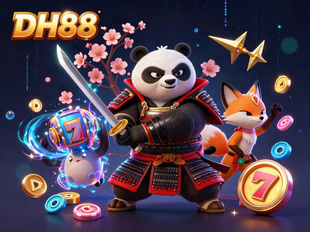 Engage in thrilling gameplay at DH88 with vibrant cartoon scenes featuring a samurai panda, ninja fox, and magical creatures amidst slot machines.