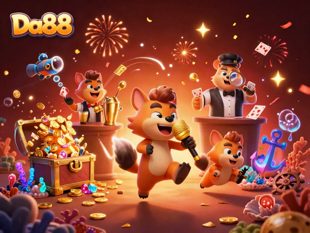 Experience thrilling action at Da88 with festive hyenas in a vibrant casino scene.