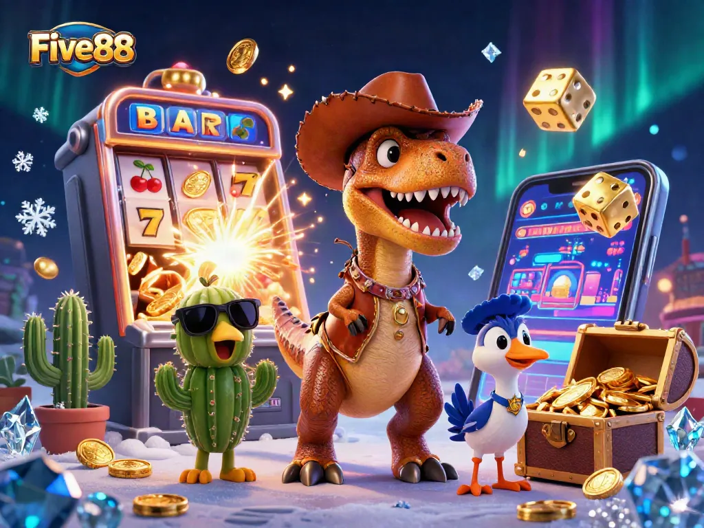 Experience thrilling adventures at Five88 with vibrant slot machines and lively characters.