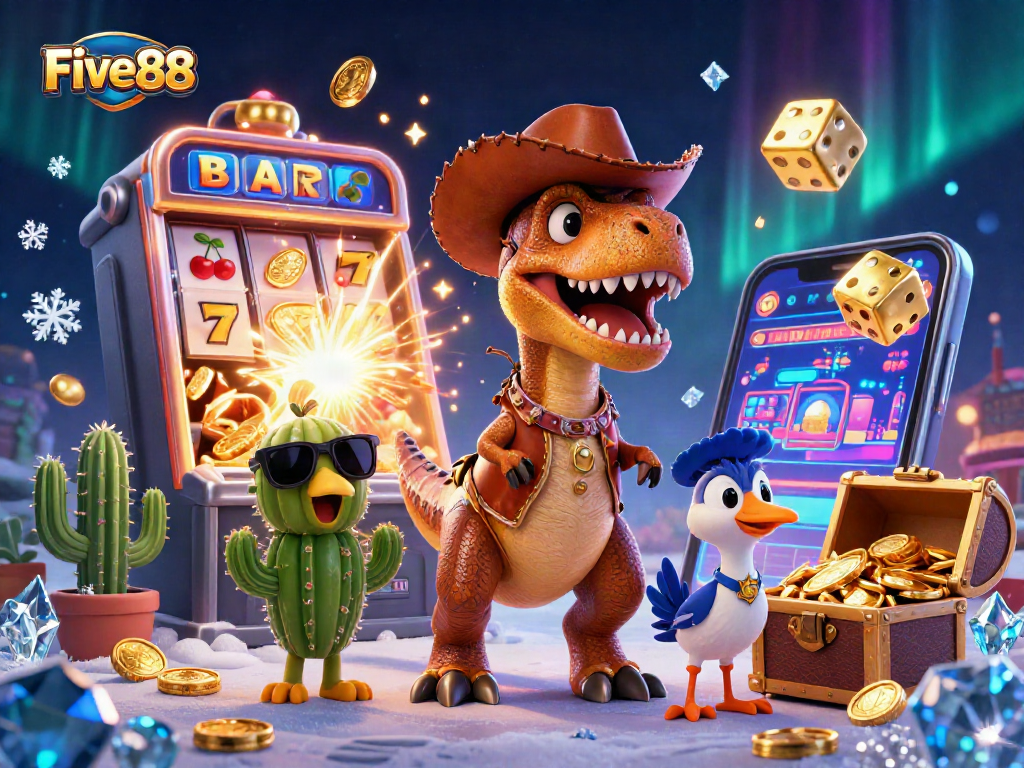 Experience thrilling adventures at Five88 with vibrant slot machines and lively characters.