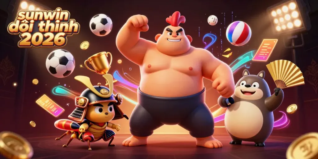Engaging sunwin đổi thưởng 2026 scene showcasing a powerful rooster sumo wrestler, samurai cricket, and tanuki announcer amidst dynamic sports elements.