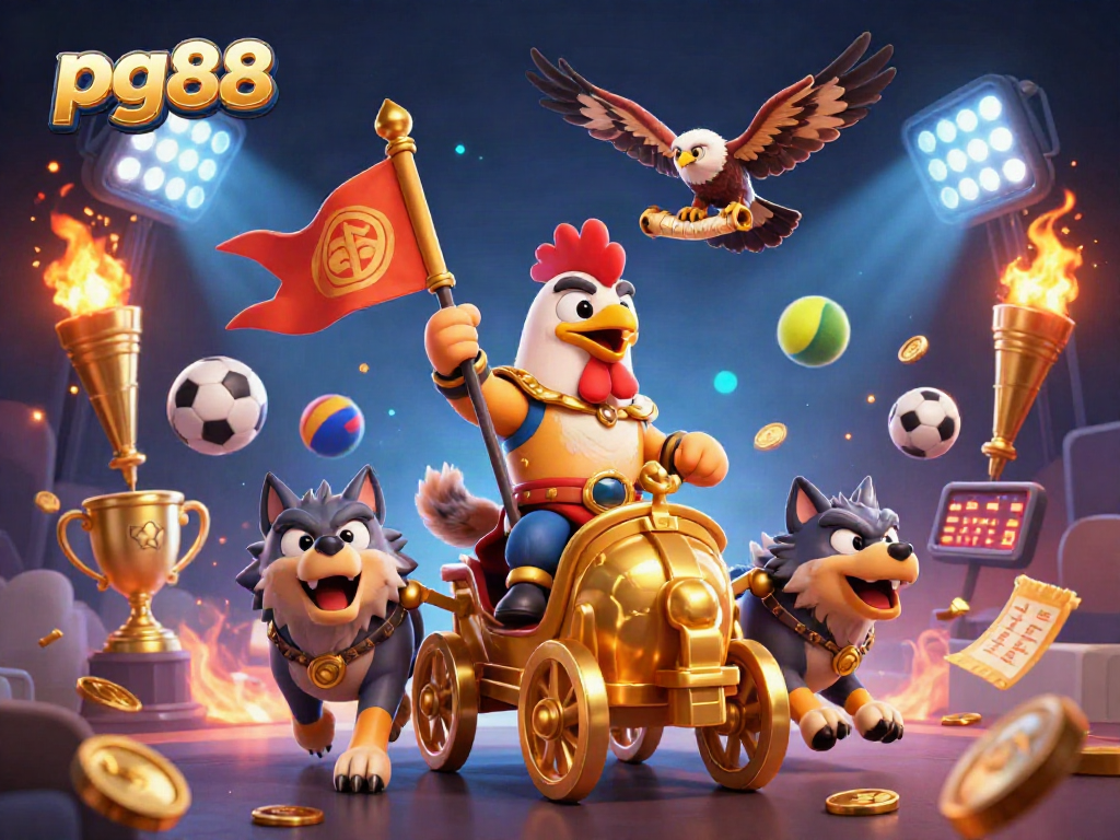 Engage with pg88's exciting gaming world featuring a rooster warlord and dynamic sports elements.