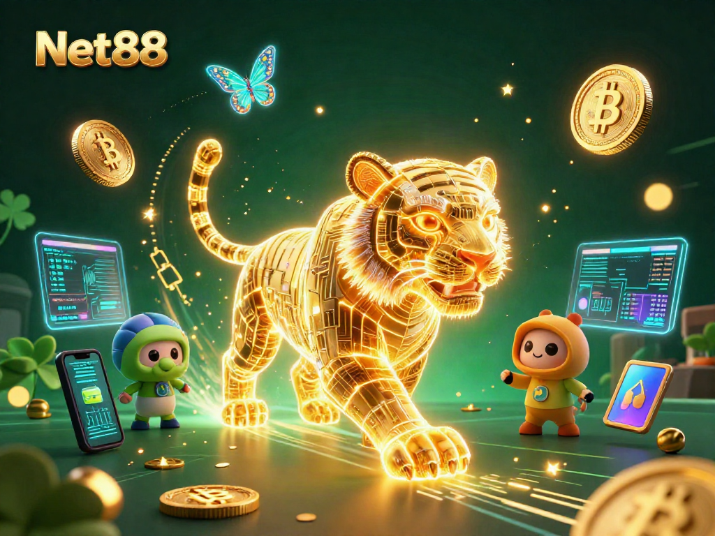 Bet on Net88 with vibrant gaming energy illustrated through a golden tiger in a digital casino landscape.