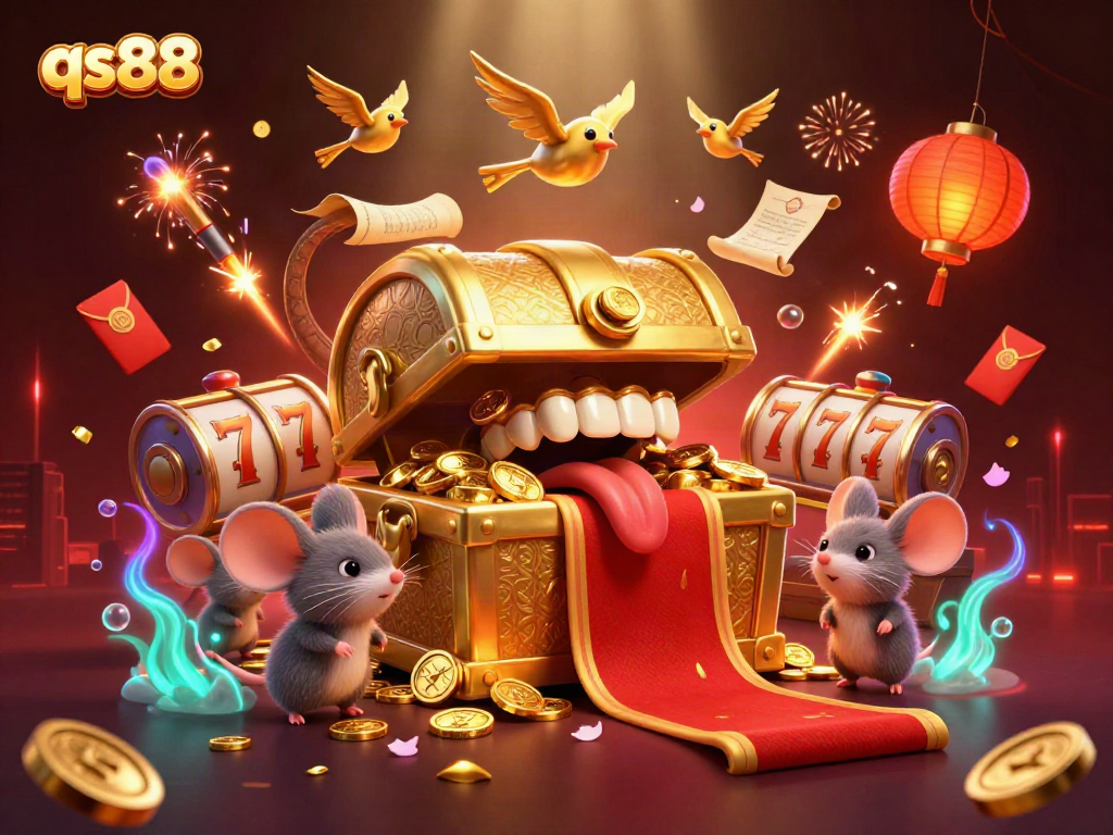 Experience thrilling slots and adventure at qs88 with a vibrant 3D illustration filled with excitement.