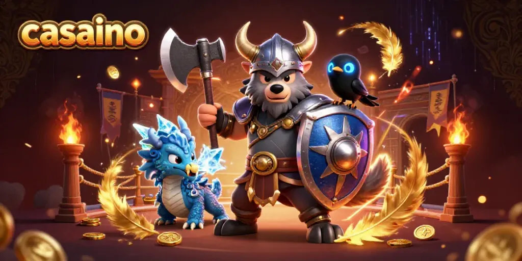 Engage with exhilarating casino action featuring a heroic Viking wolf warrior and dragon in a vibrant 3D scene.