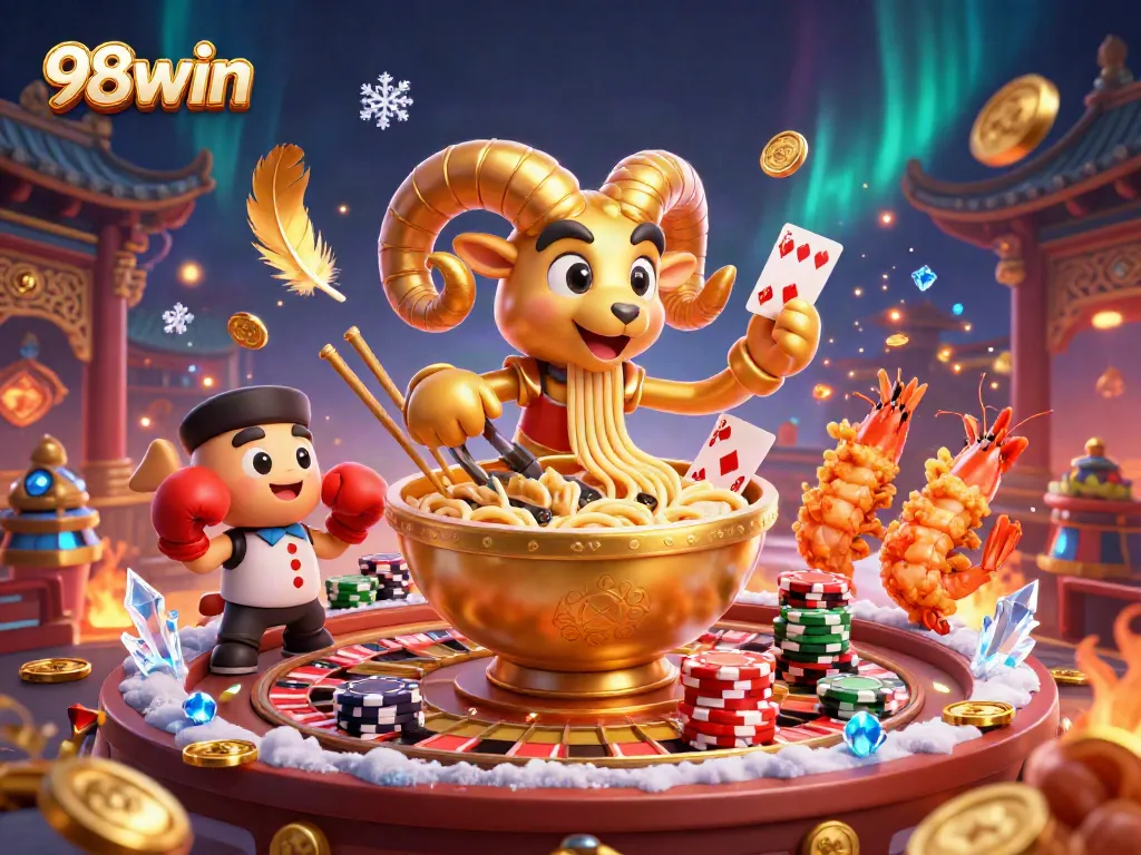 Experience 98win excitement with dynamic casino characters in a vibrant 3D rendering illustration.