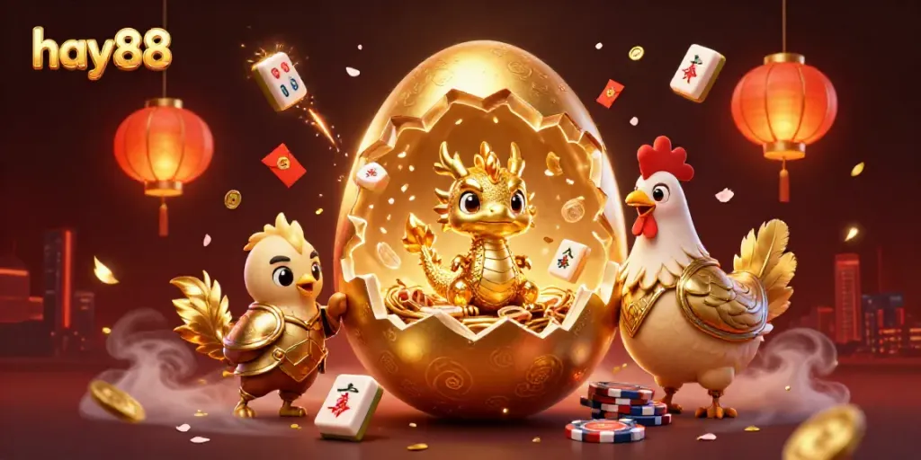 Experience thrilling moments at hay88 with a golden dragon amidst exciting gambling symbols and lively celebrations.