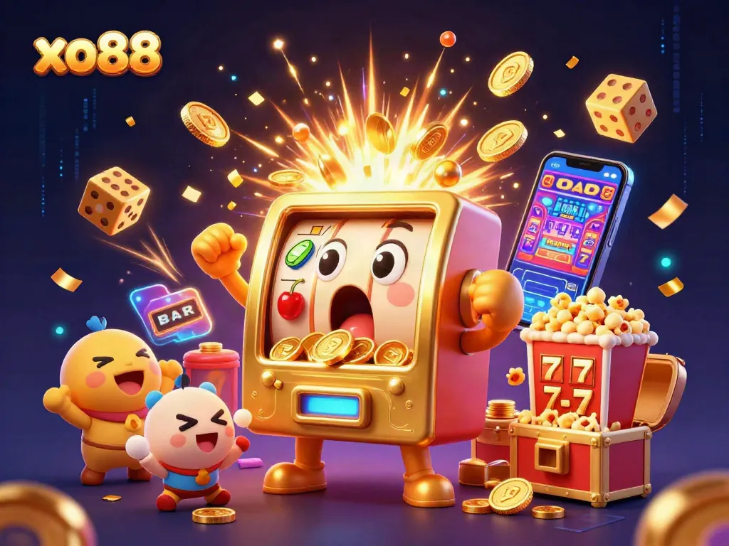 Experience the excitement of xo88 with a lively scene of slot machines winning jackpots.