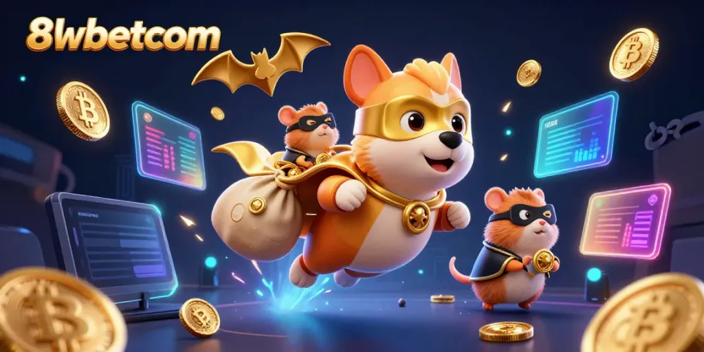 Experience the thrill of winning at 8xbetcom with a dynamic 3D superhero scene filled with coins and gaming elements.