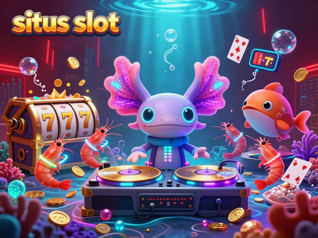 Experience the thrill of situs slot with vibrant axolotl DJ spinning a jackpot scene.