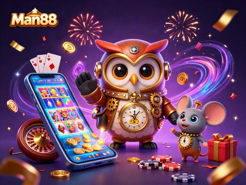 Man88 players enjoy vibrant casino action with a charming owl and mouse in a lively scene