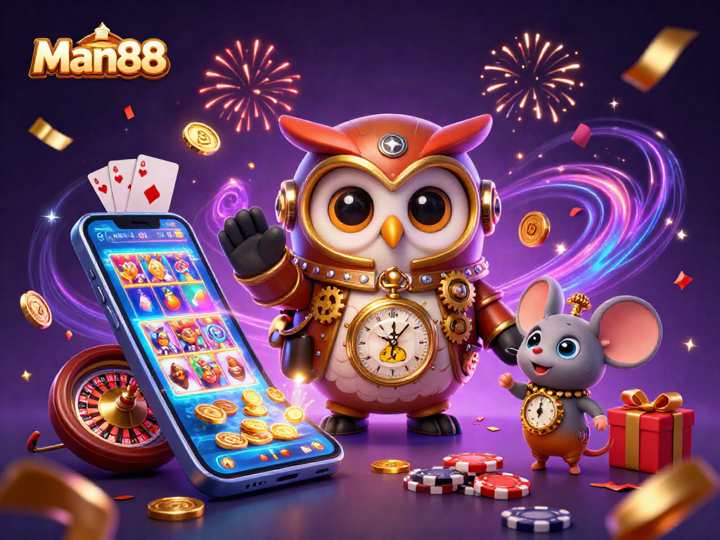 Man88 players enjoy vibrant casino action with a charming owl and mouse in a lively scene