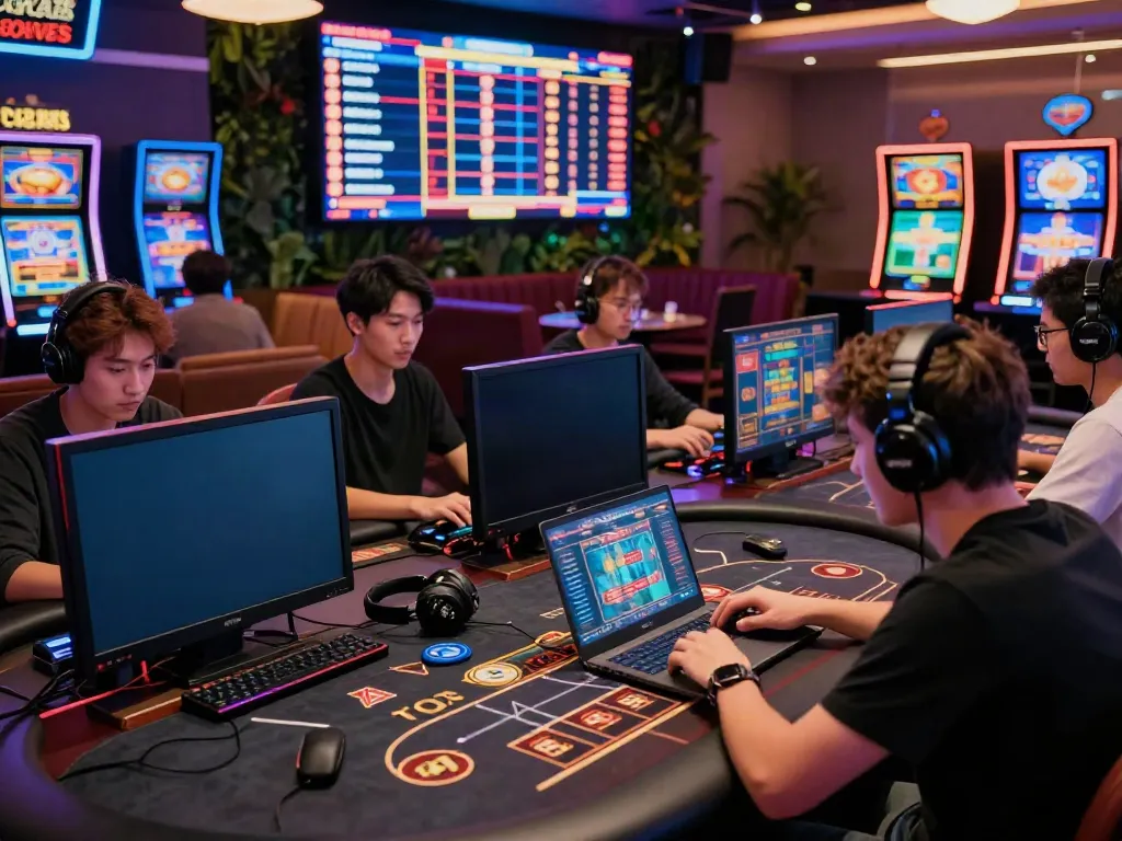 Nbet online gaming scene with players focused on laptops in a vibrant casino.