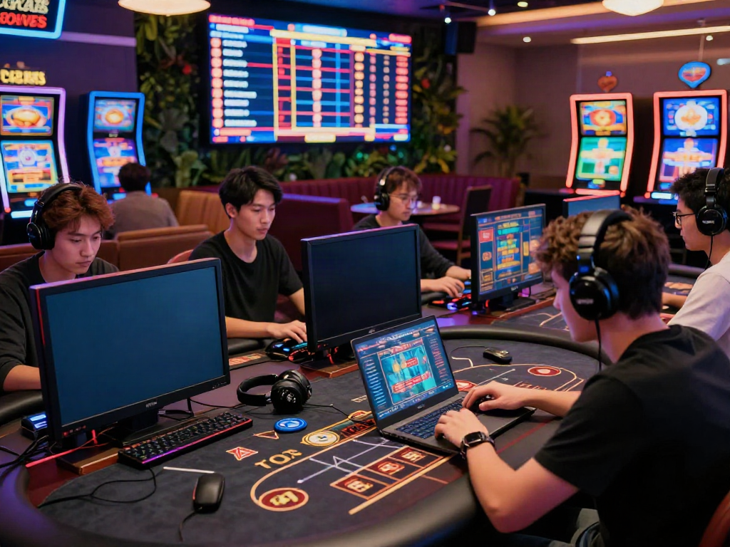 Nbet online gaming scene with players focused on laptops in a vibrant casino.