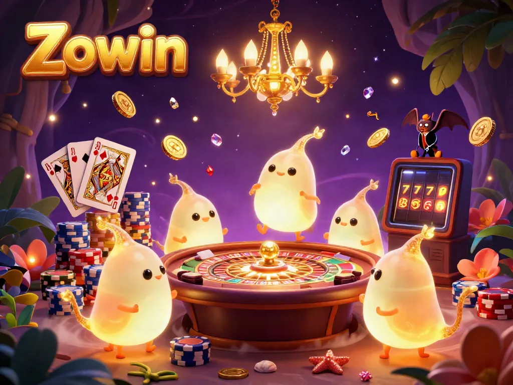 Experience the excitement at Zowin with glowworms illuminating a vibrant casino scene, showcasing gameplay action with shining coins and cards.