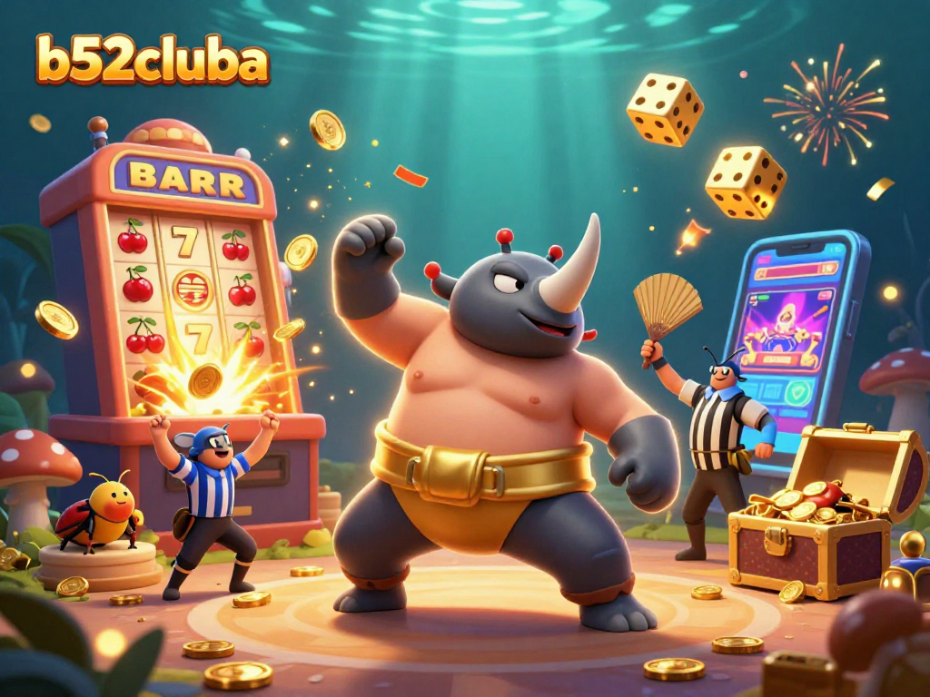 B52cluba's exciting 3D casino scene with a rhinoceros beetle champion, jackpot action, and vibrant gameplay elements.