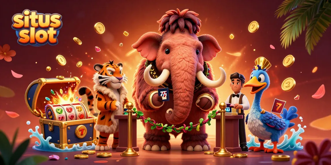 Engage with situs slot excitement in a vibrant, dynamic casino scene featuring cartoon characters.