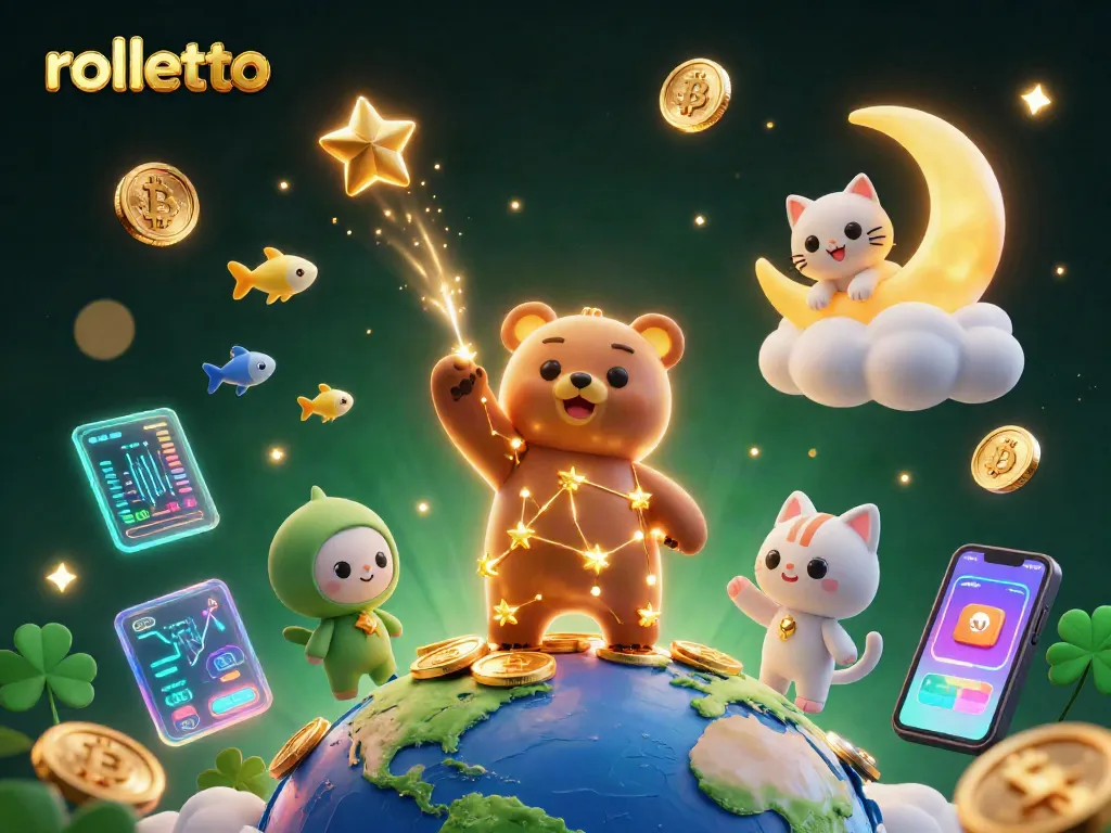 Engage with rolletto in a vibrant casino world, featuring starry characters and dynamic crypto elements.