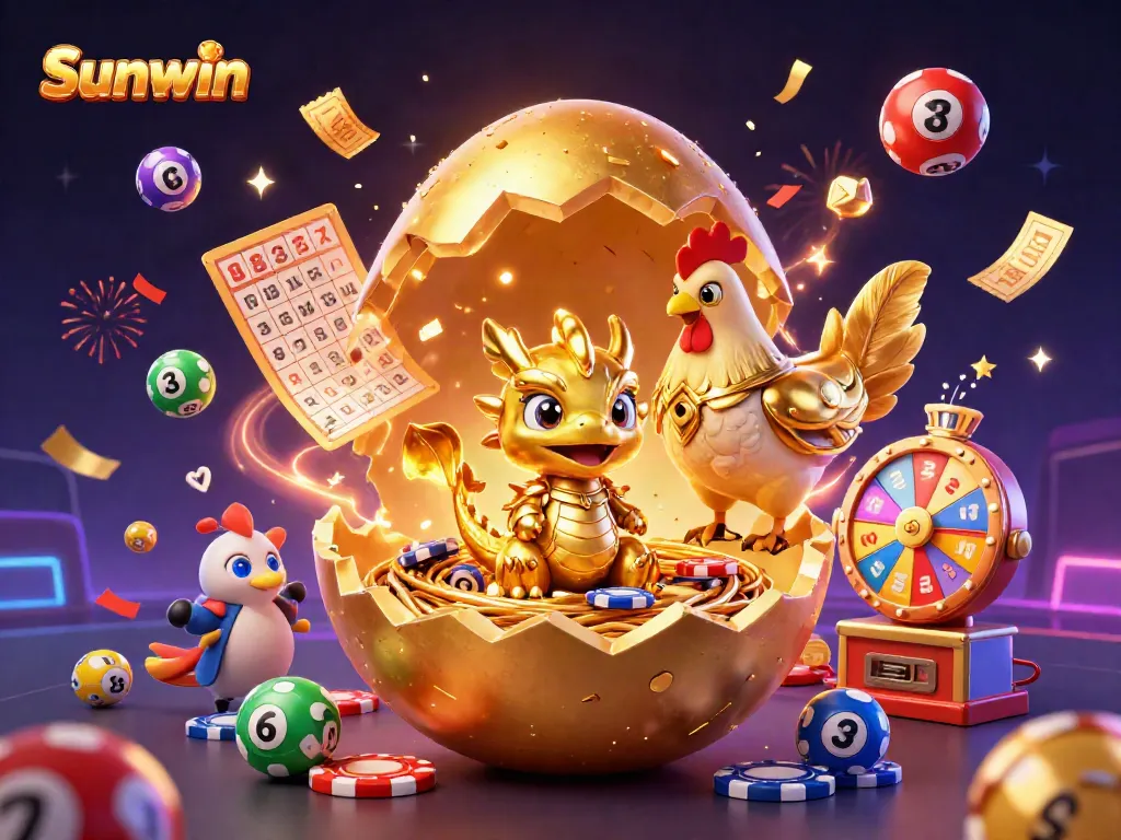 Win big at Sunwin with vibrant lottery balls and a golden dragon guarding poker chips.