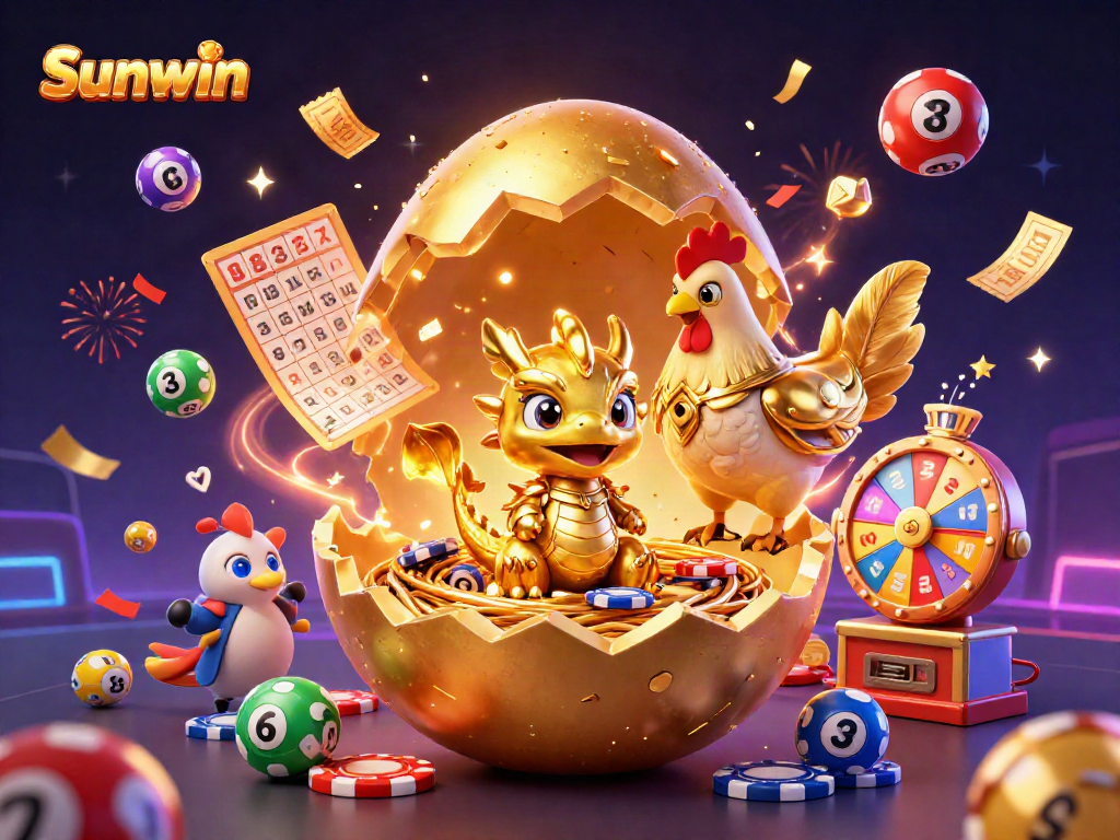 Win big at Sunwin with vibrant lottery balls and a golden dragon guarding poker chips.