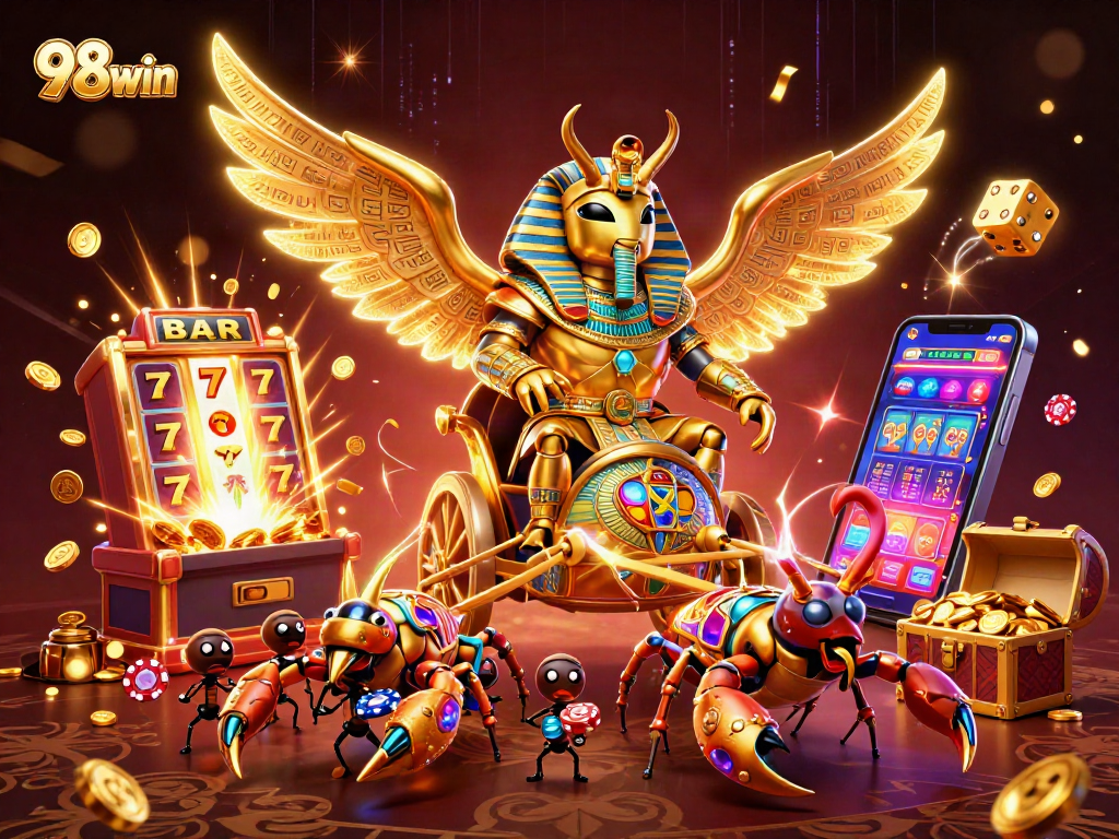Experience the excitement of 98win with a dynamic casino-themed 3D illustration featuring jackpots and games.