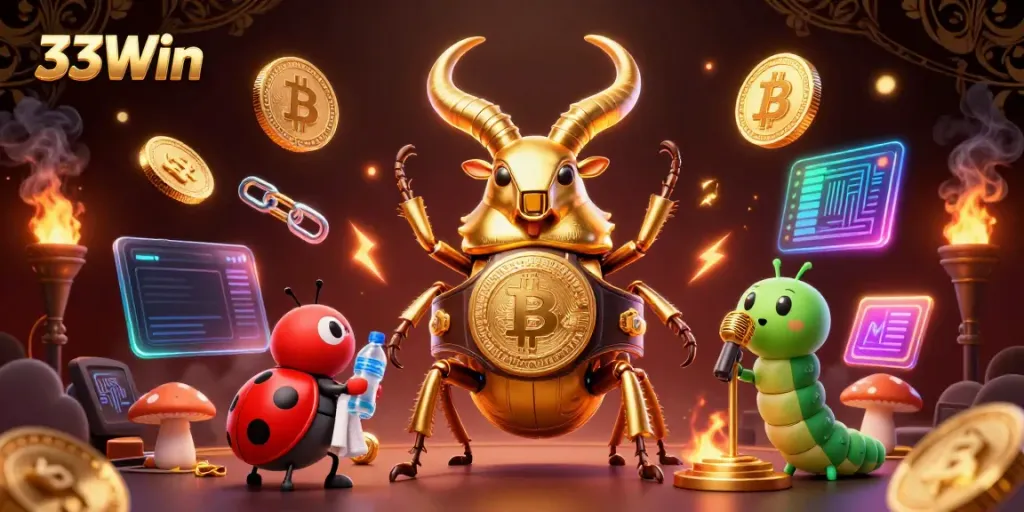 33Win showcases a vibrant 3D scene with a golden stag beetle champion, betting coins, and enriched casino elements