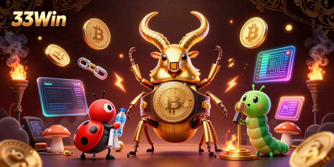 33Win showcases a vibrant 3D scene with a golden stag beetle champion, betting coins, and enriched casino elements