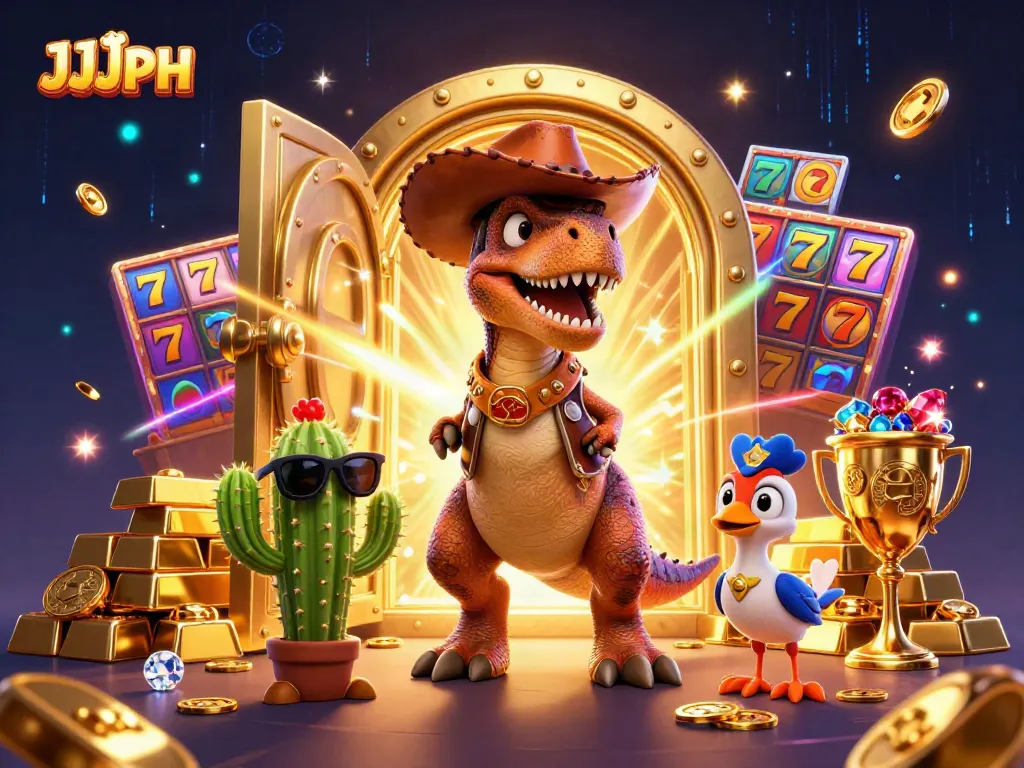 Join the thrilling adventure at JJJPH casino featuring a vibrant T-Rex, cactus, and roadrunner in a treasure scene.