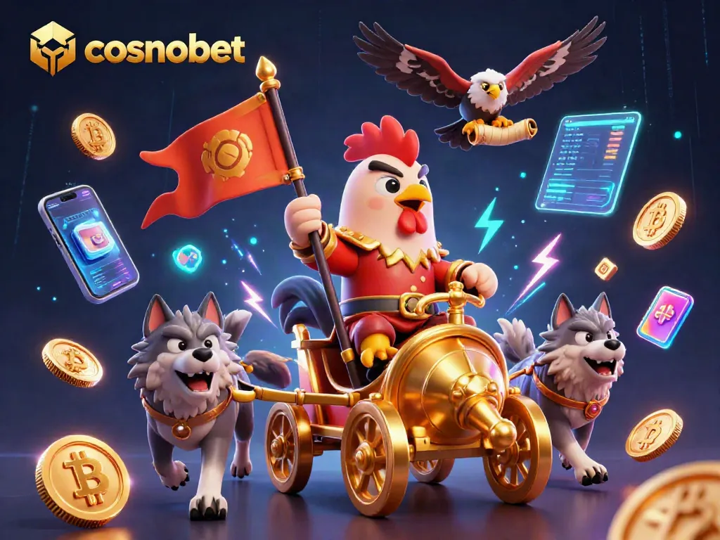 Engage with cosmobet casino as a rooster warlord commanding crypto coins and gaming elements.