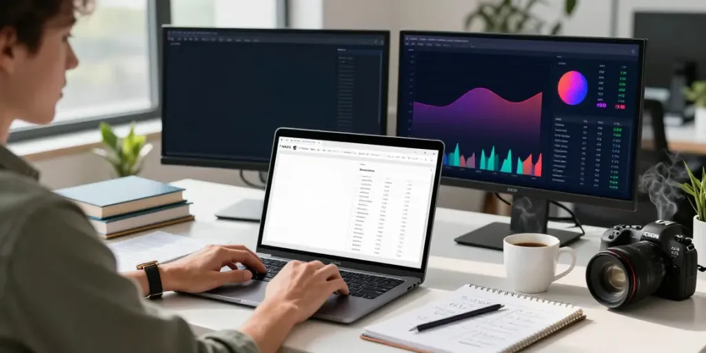Digital marketer analyzing instant indexing strategies in a modern office.
