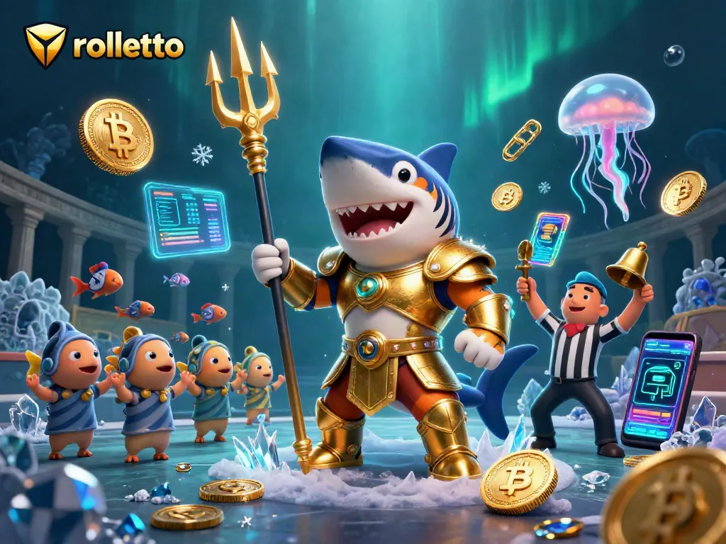 Engage with rolletto in a vibrant underwater casino scene featuring a golden tiger shark and crypto coins.