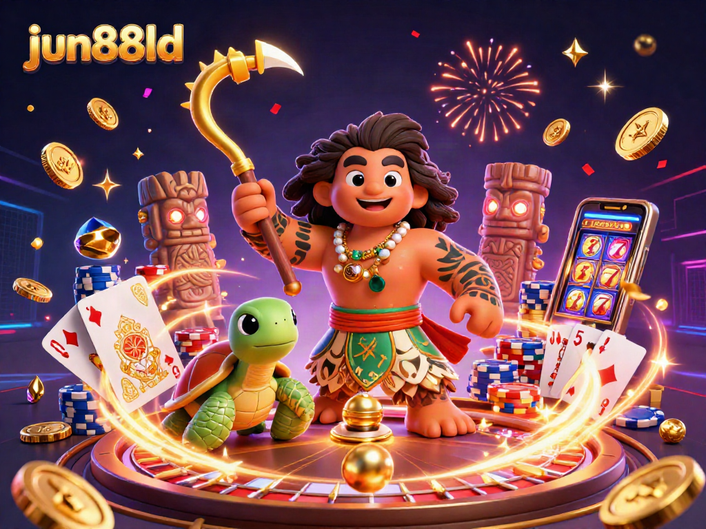 Experience vibrant gambling action with jun88ld as Polynesian characters navigate colorful casino elements.
