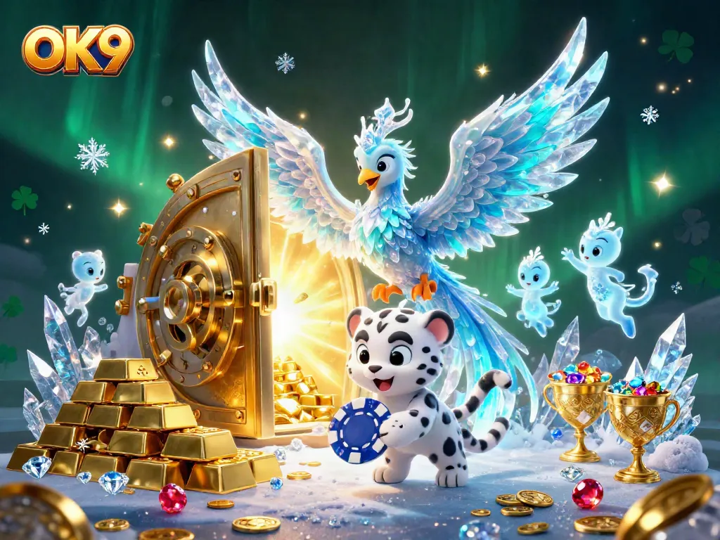 Experience the excitement at OK9 with vibrant casino elements and a fantasy scene featuring an ice phoenix, a snow leopard, and glowing sprites.