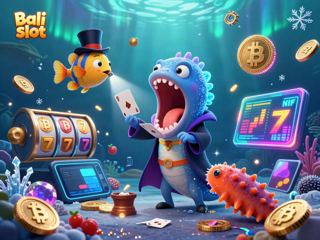 Experience thrilling Bali slot gameplay with a bioluminescent eel magician in action, illuminated by cryptocurrencies.