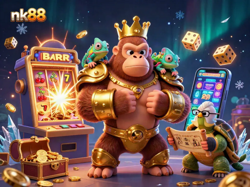 Join the excitement at nk88 with winning jackpots and colorful casino games in this vibrant 3D illustration.