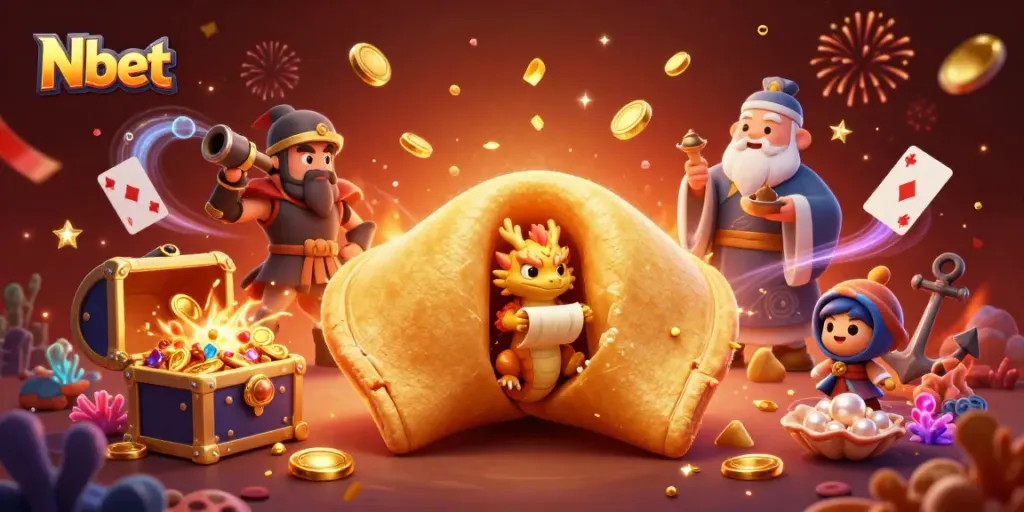 Nbet showcases a vibrant, colorful gambling environment with animated characters and gold treasures.